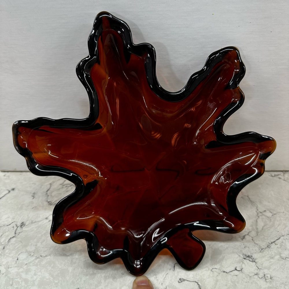 Vintage Glass Amber Maple Leaf Candy Dish Decorative Art Tray 9”x9”